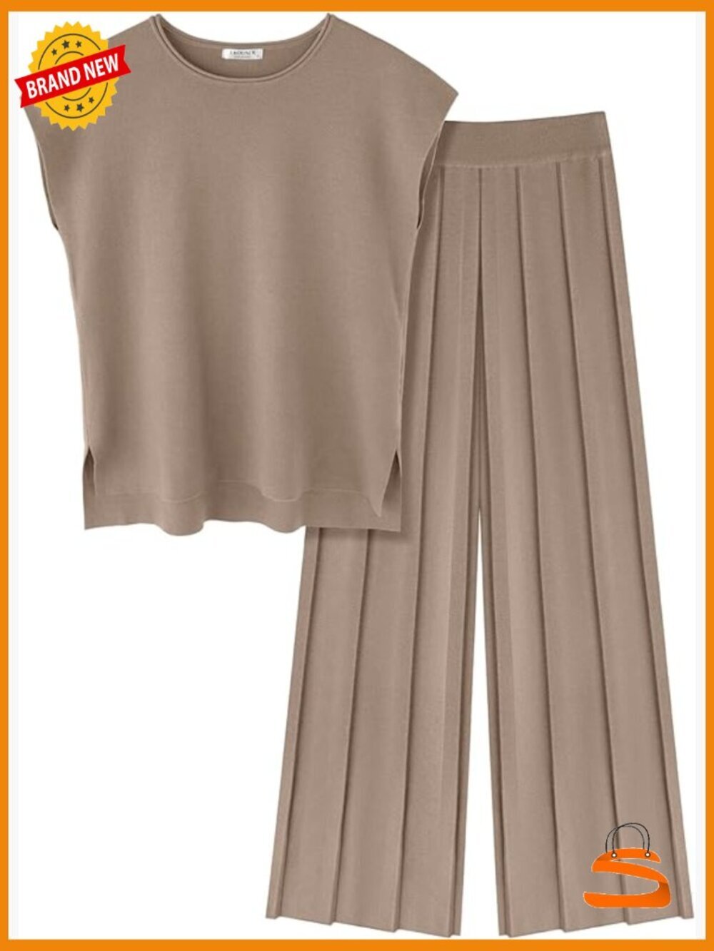 Knit Two Piece Lounge Set Cap Sleeve Top Wide Leg Pleated Pants Dressy Sweater